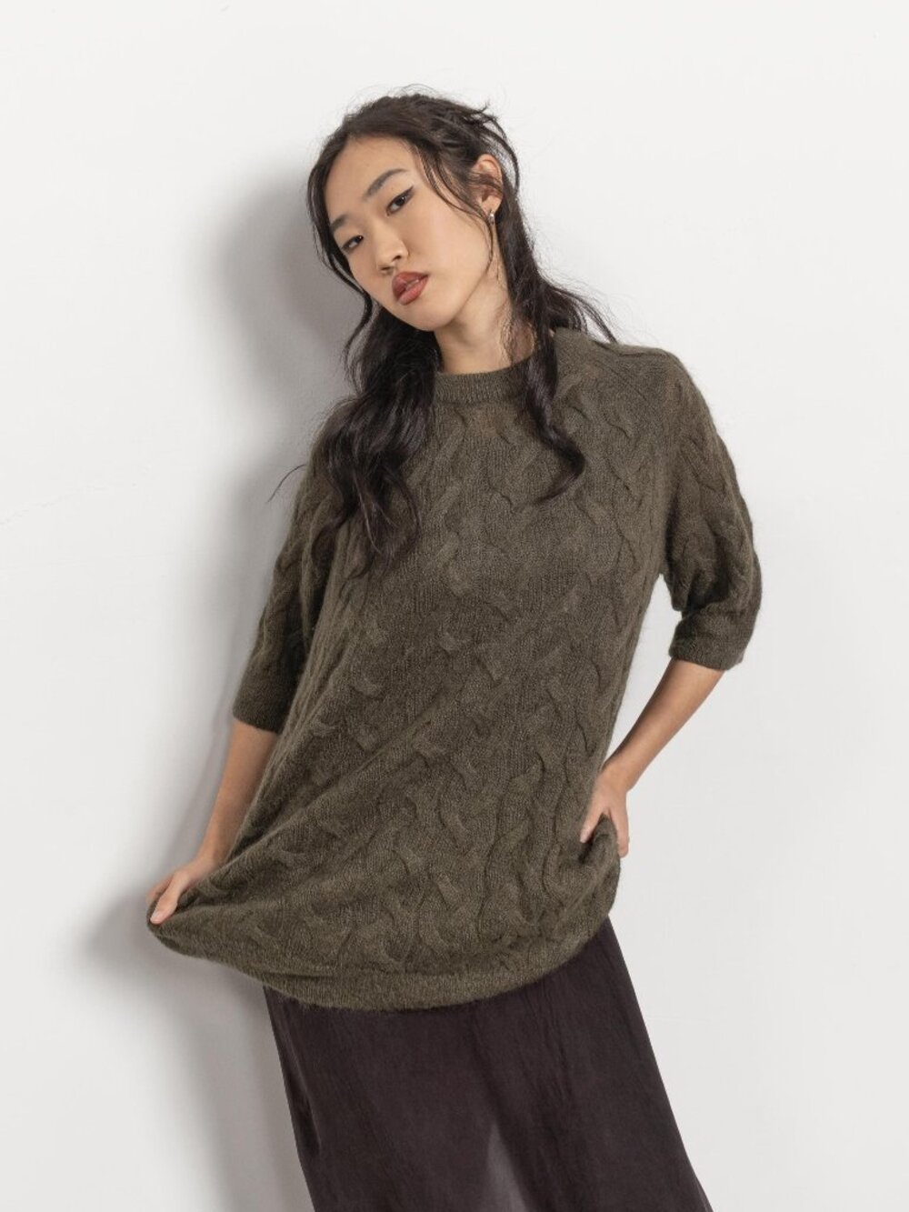 COS MOHAIR Jumper Sweater Vintage Green Cable Knit Olive Army